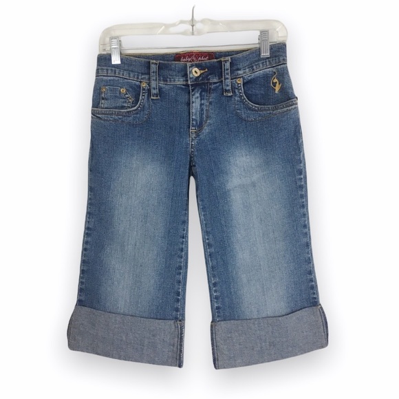 NWT Vintage Y2K Baby Phat Cat Logo Cuffed Denim Jeans Cropped Capri Pants Size 3 - Picture 1 of 10